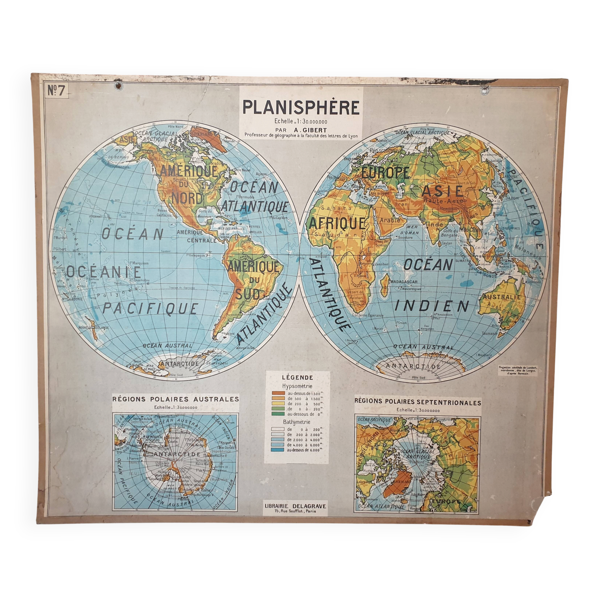 Ancienne carte scolaire Delagrave Gibert 7, 1930 - Planisphère, mappemon