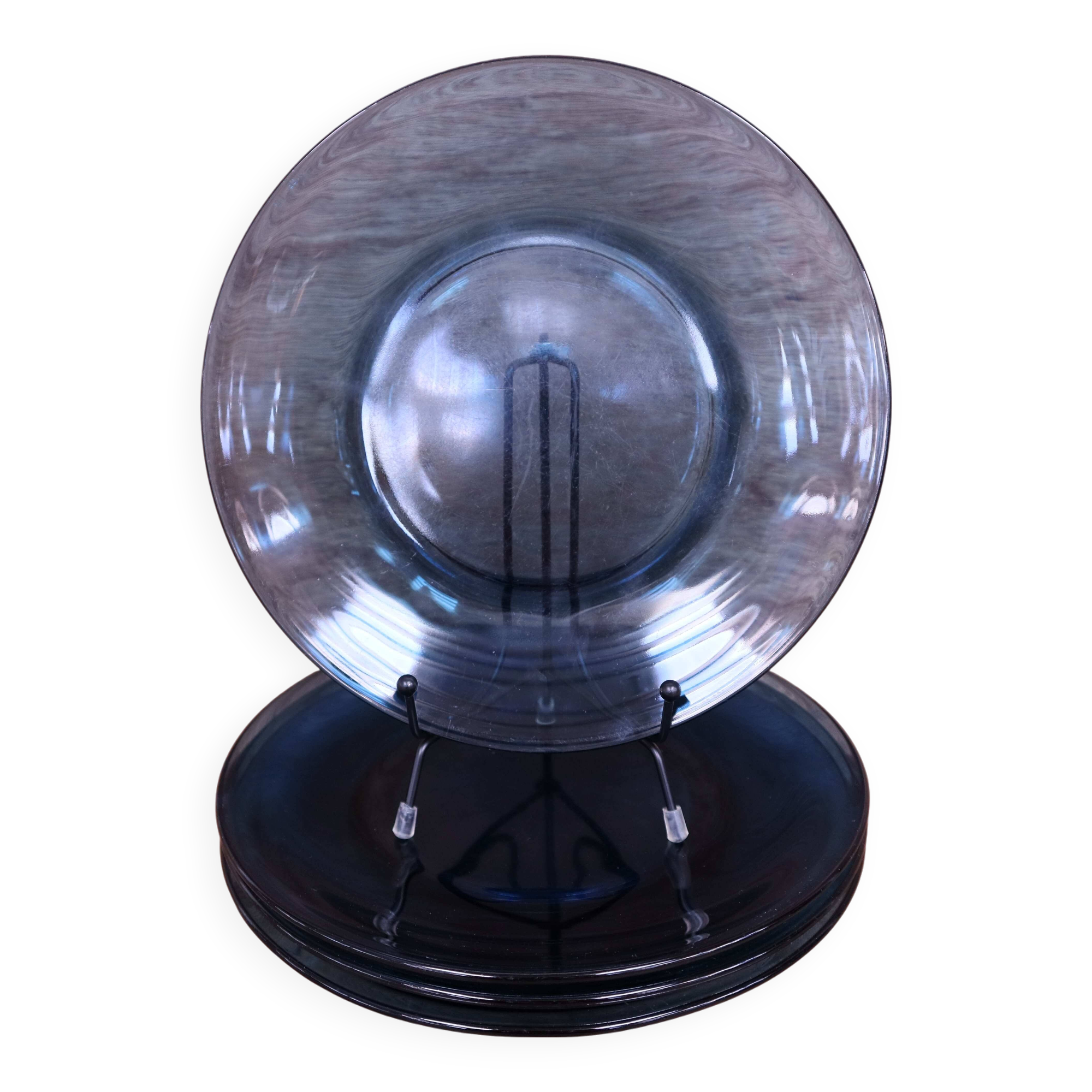 4 vintage blue tempered glass dinner plates Vereco France