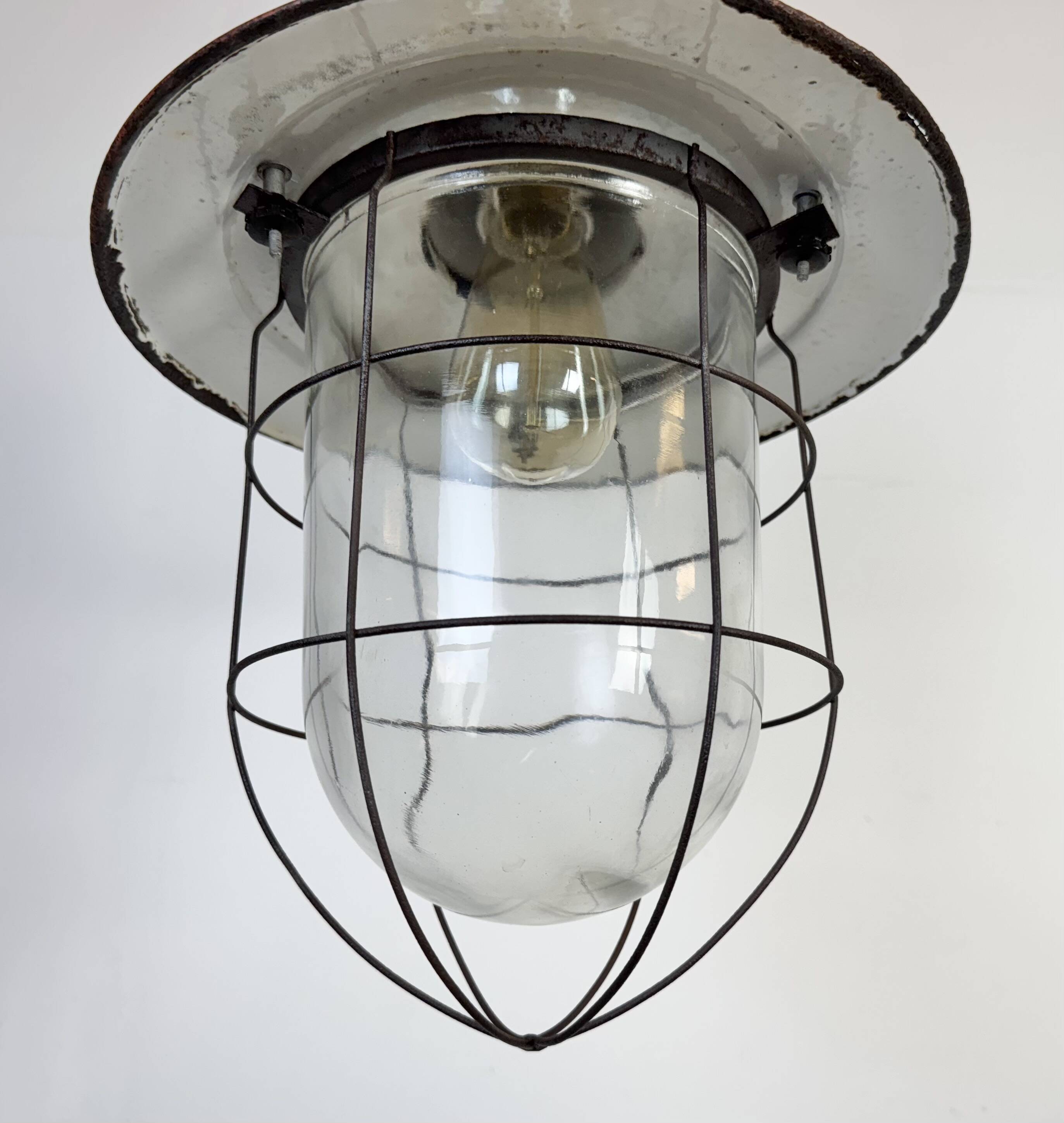 Industrial Green Enamel Cage Pendant Light, 1960s