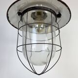 Suspension industrielle en forme de cage en émail vert, années 1960
