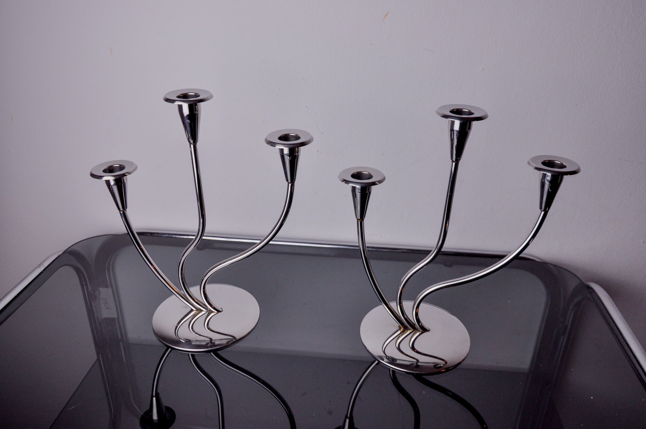 Pair of art deco candlesticks in stainless steel 3 flames, Spain, 1970