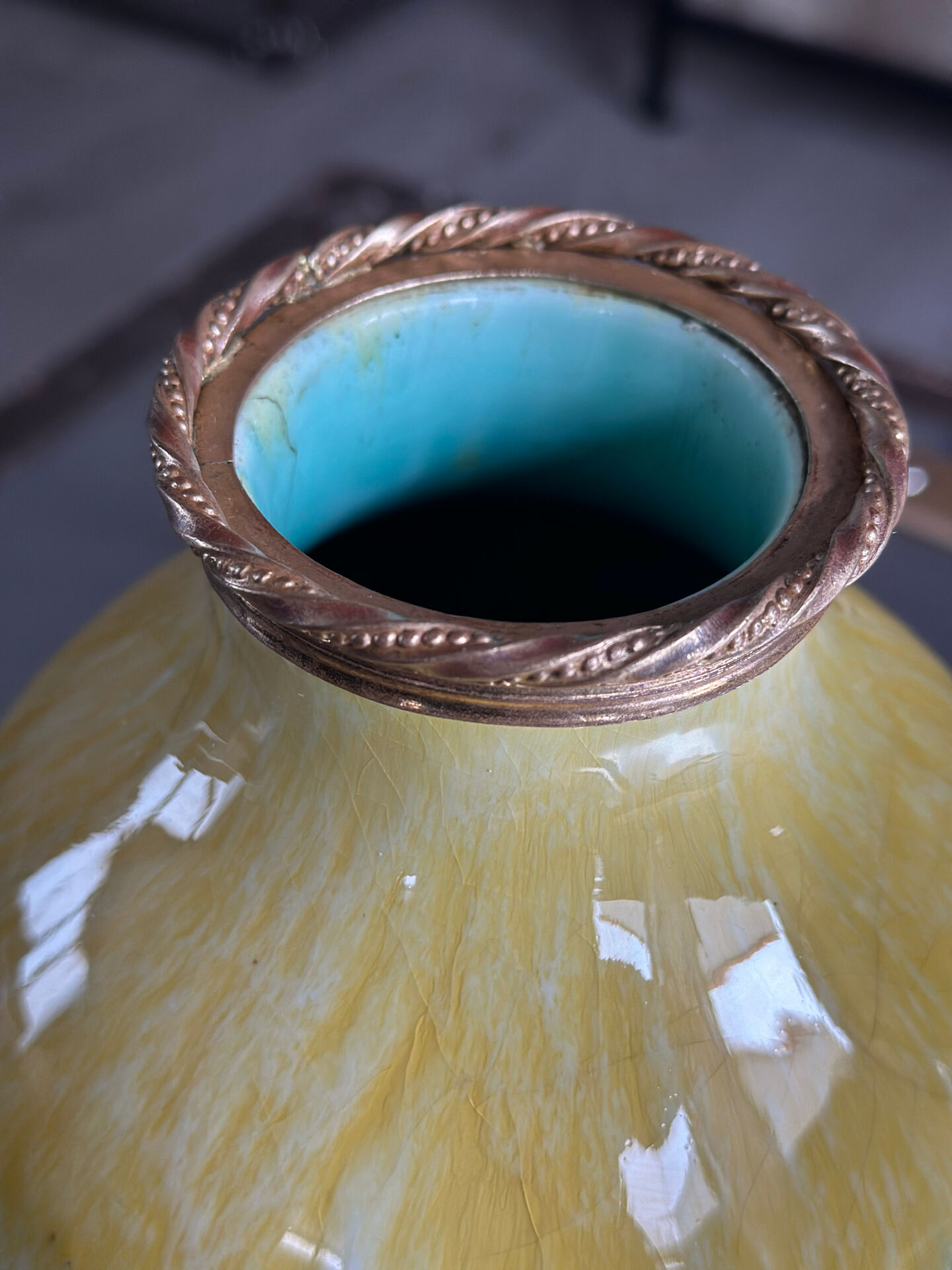 Art Deco vase in yellow and blue flamed earthenware - Shape 485, circa 1930