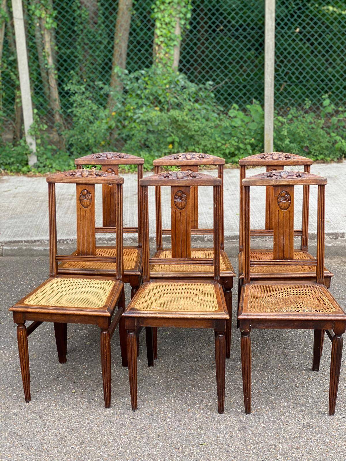 6 Art Deco dining chairs made of solid oak with caning from the 1950s.