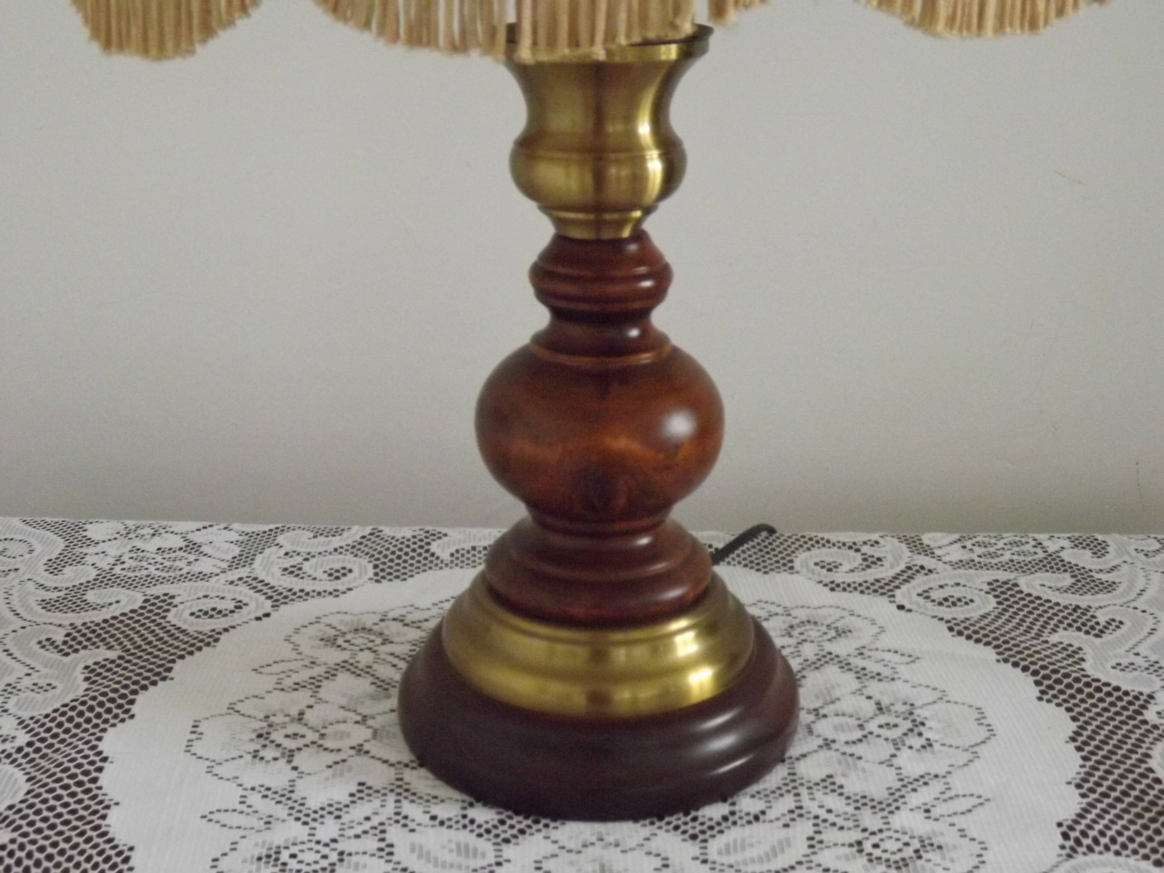 French Mid-Century Brass and Turned Wood Table Lamp with Hide Skin Shade