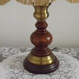 French Mid-Century Brass and Turned Wood Table Lamp with Hide Skin Shade