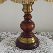 French Mid-Century Brass and Turned Wood Table Lamp with Hide Skin Shade