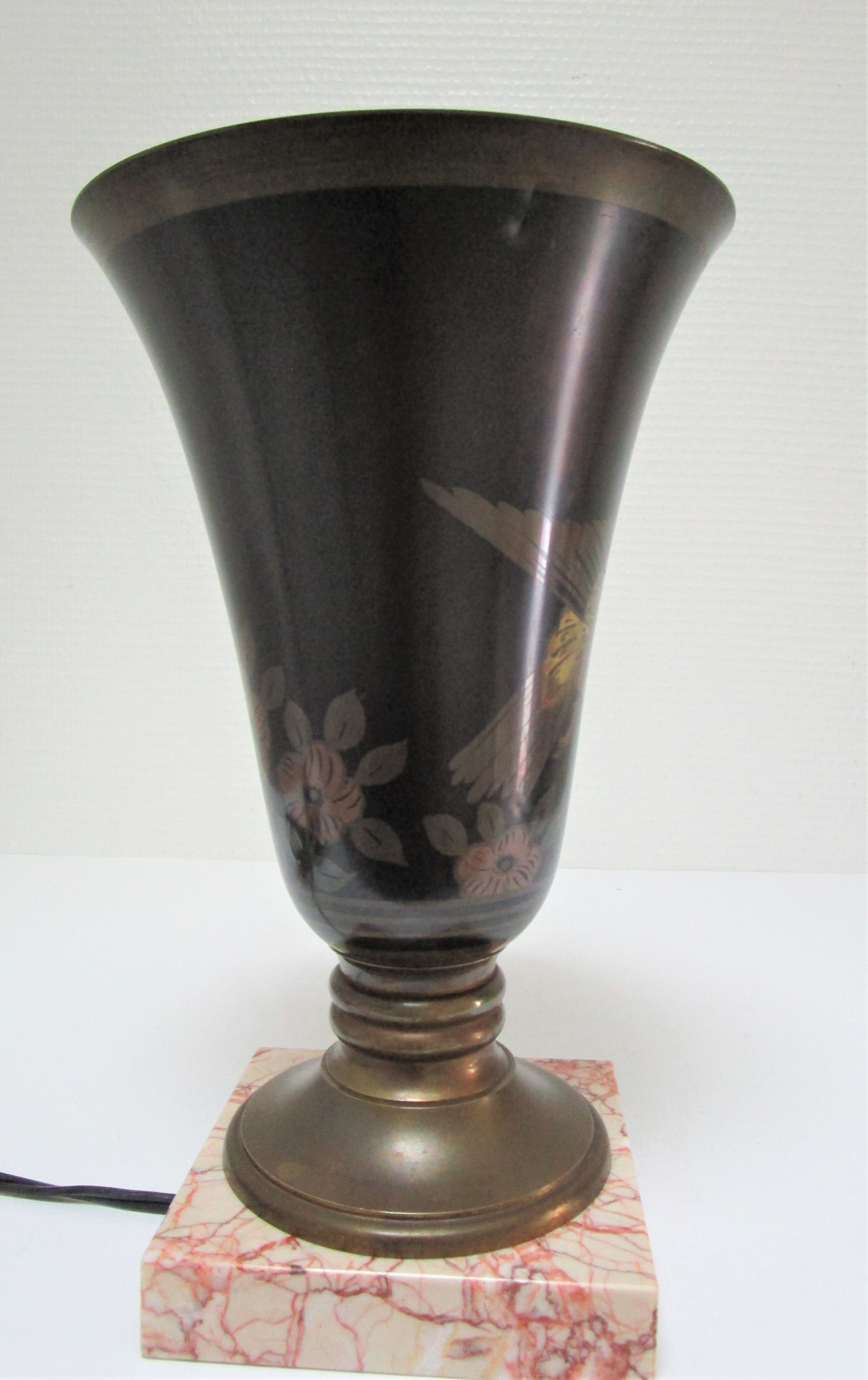 Lampe vasque art déco métal et marbre signée a.ducobu décor fleurs oiseau