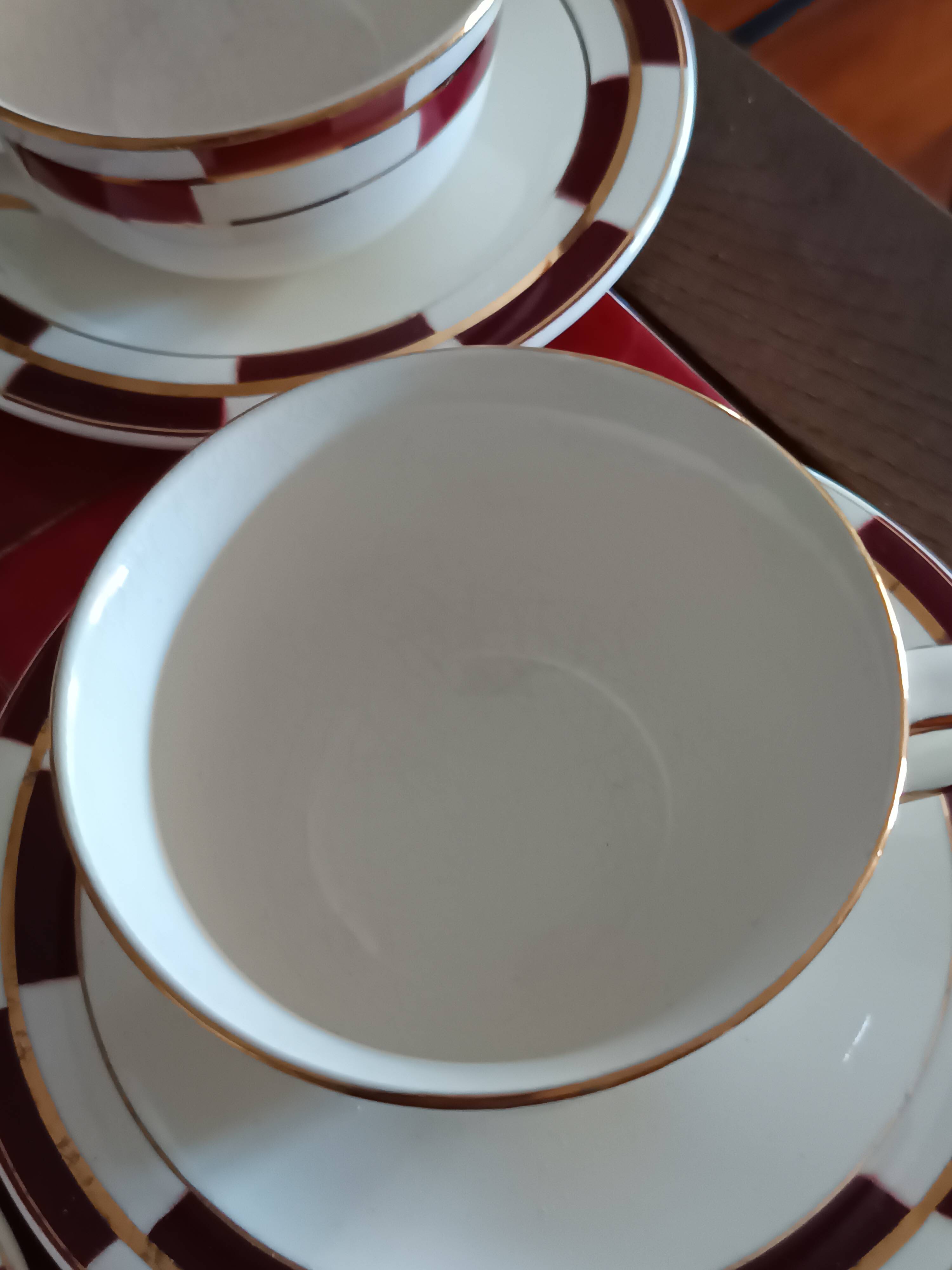 10 vintage coffee cups and 9 saucers, Salins earthenware, 1950