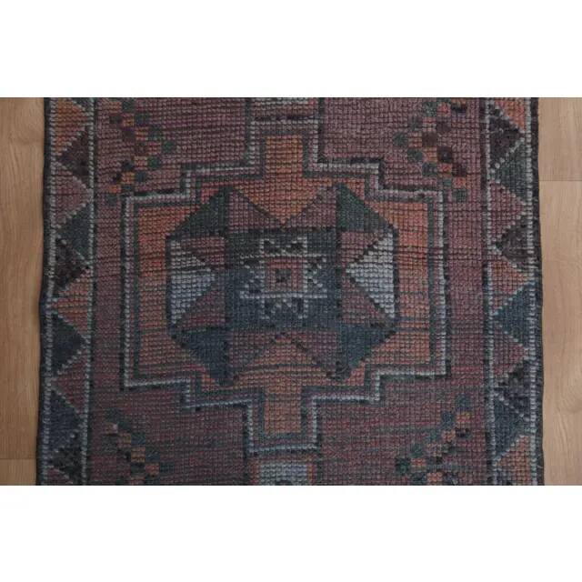 1970s Vintage Turkish Handmade Wool & Cotton Purple Runner Rug 91X359