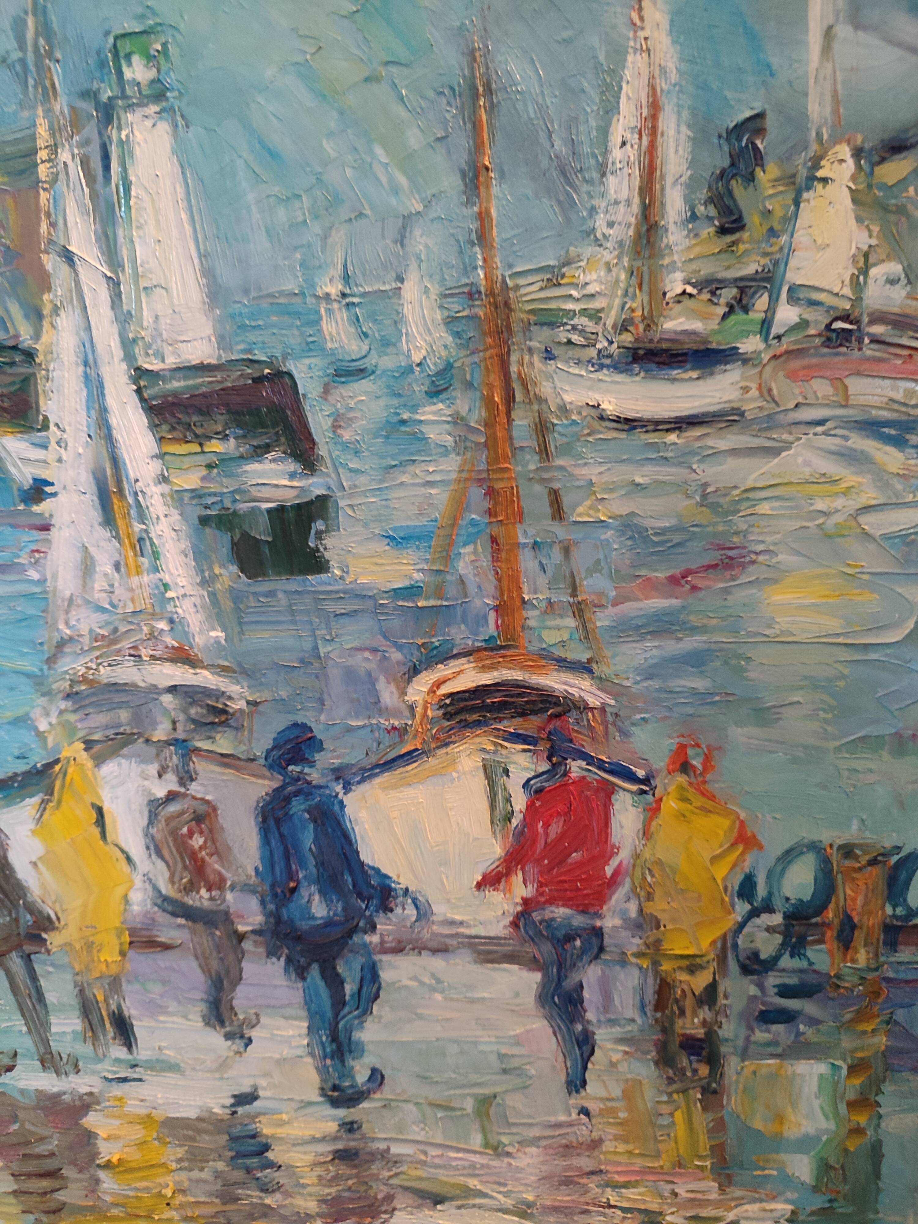 Oil painting on panel Alain Duperay port Breton, arrival of the fishermen