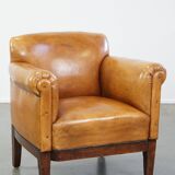 Restored antique Art Deco sheep leather armchair
