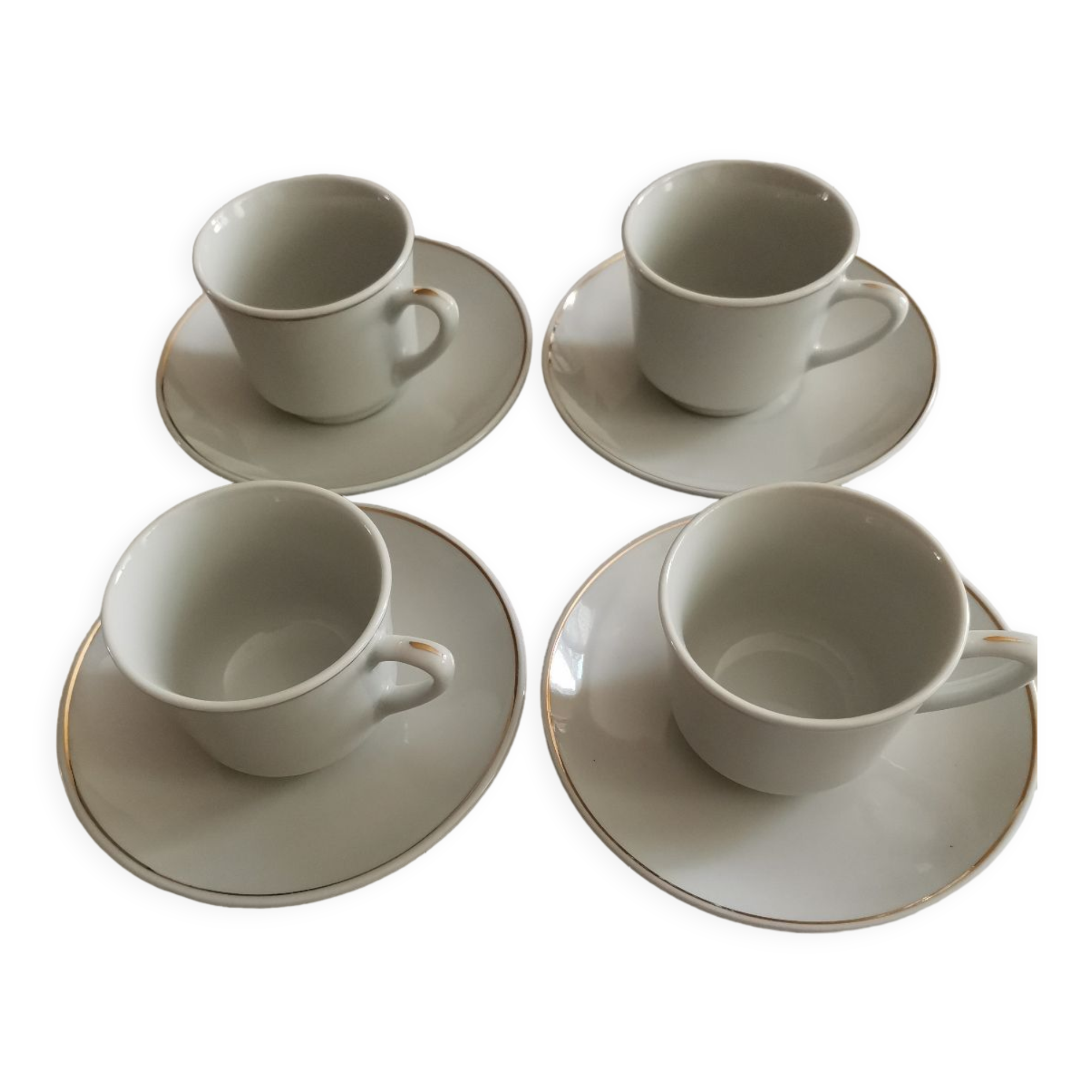 Lot De 9 Tasses Et Soucoupes En Porcelaine Blanche - Filet Doré - Occasion