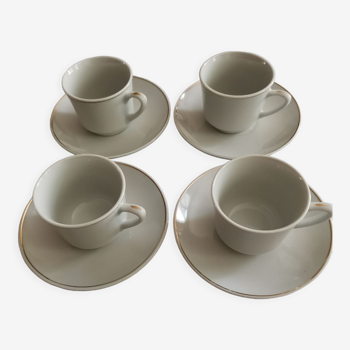 Set of 4 coffee cups and 4 white porcelain saucers