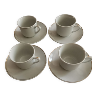 Set of 4 coffee cups and 4 white porcelain saucers