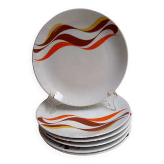 6 assiettes plates en porcelaine Bavaria Wunsiedel, blanches à motifs de vagues,années 1970