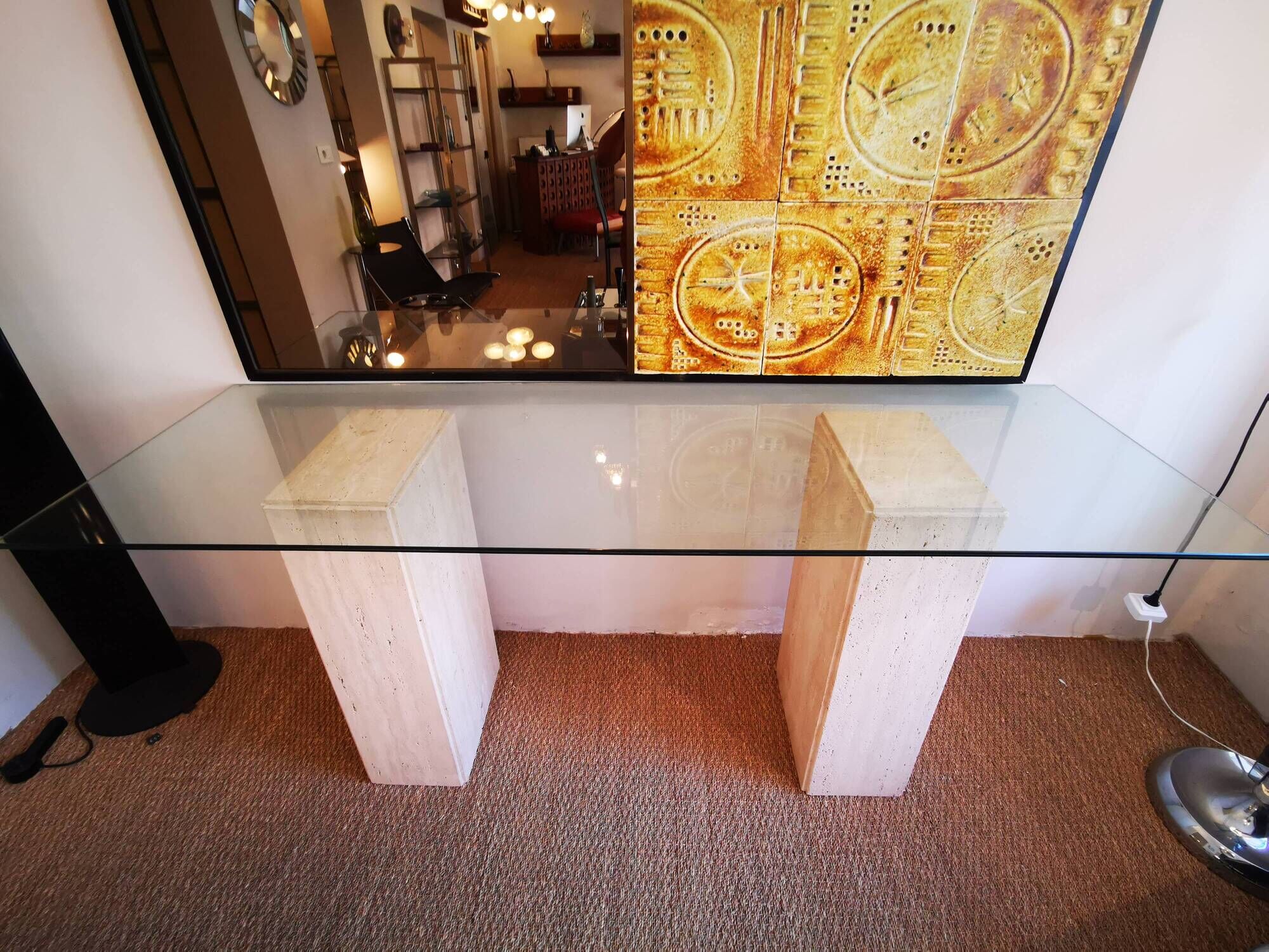 XXL vintage Italian console in travertine and glass from the 80s