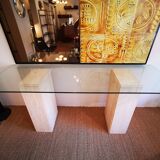 Console  XXL vintage italienne en travertin et verre années 80