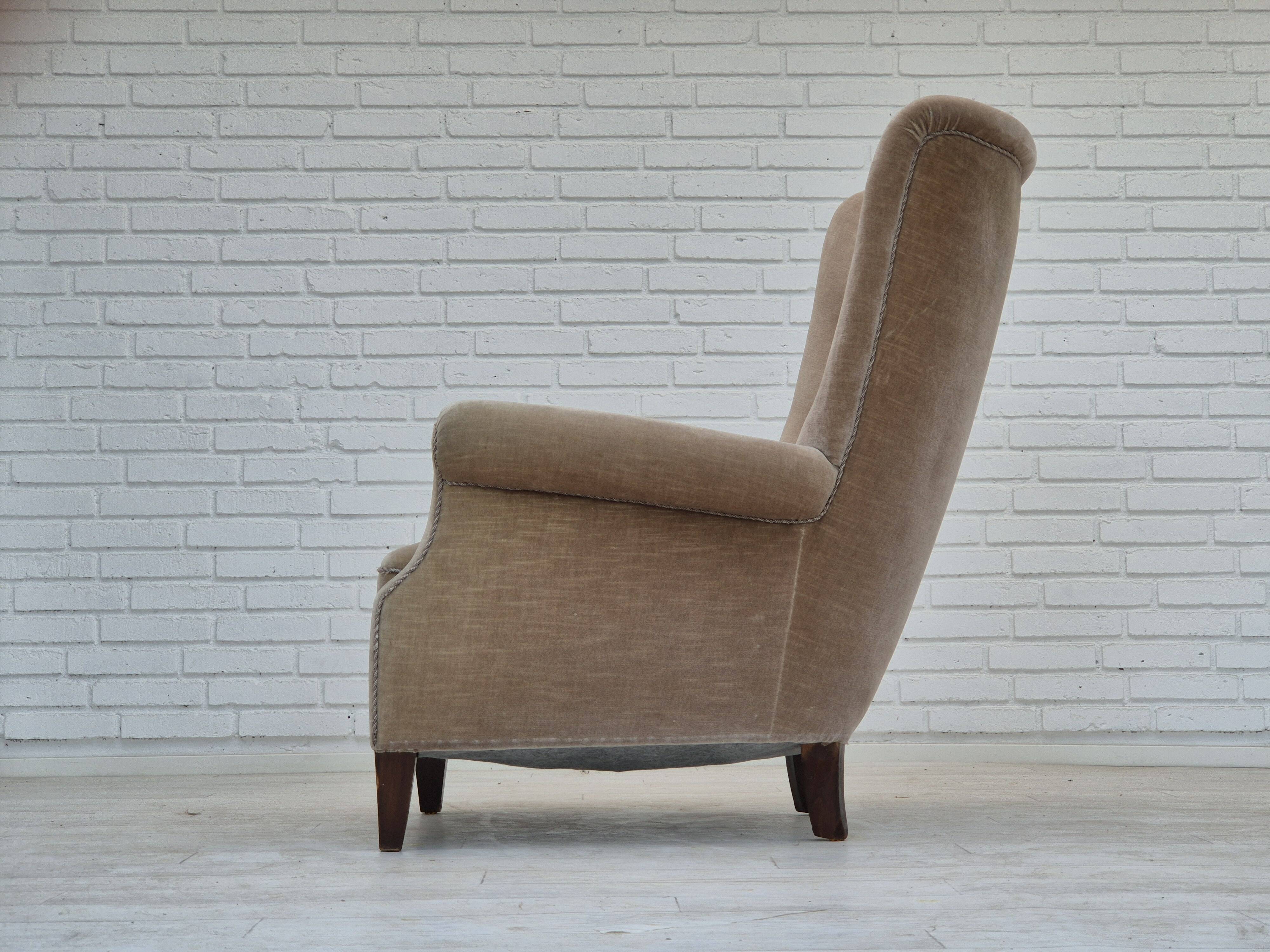 1970s, Danish highback armchair, original condition, furniture velour, bech wood.