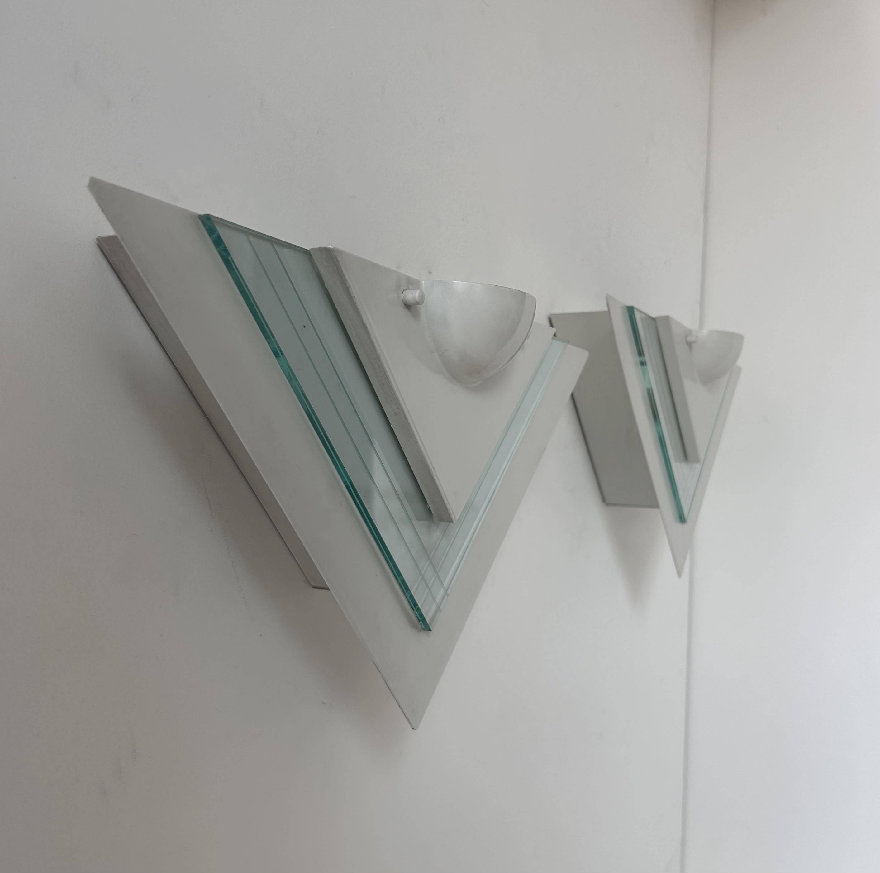 Pair of vintage wall lights, white lacquered metal and glass, Germany 1970s