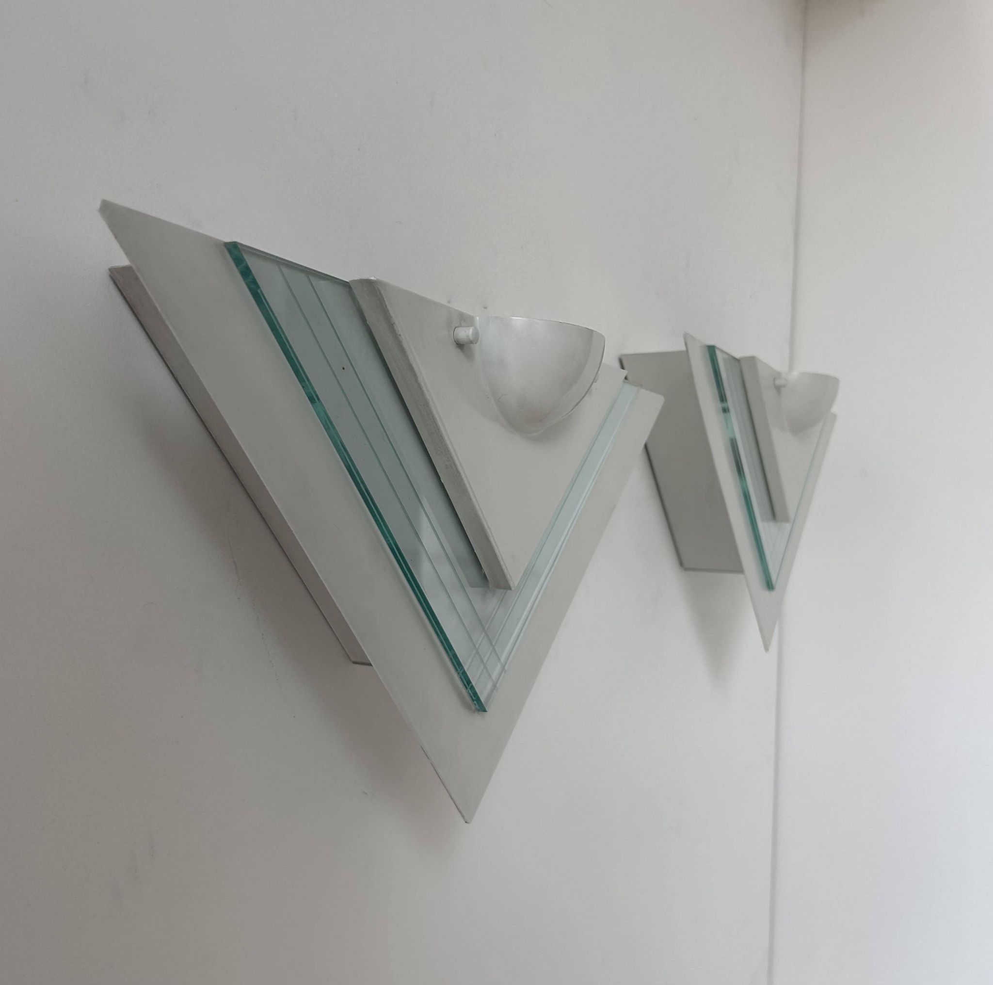 Pair of vintage wall lights, white lacquered metal and glass, Germany 1970s