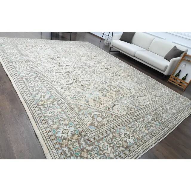 1970s Vintage Persian Handmade Wool Cotton Beige Area Rug 291x387