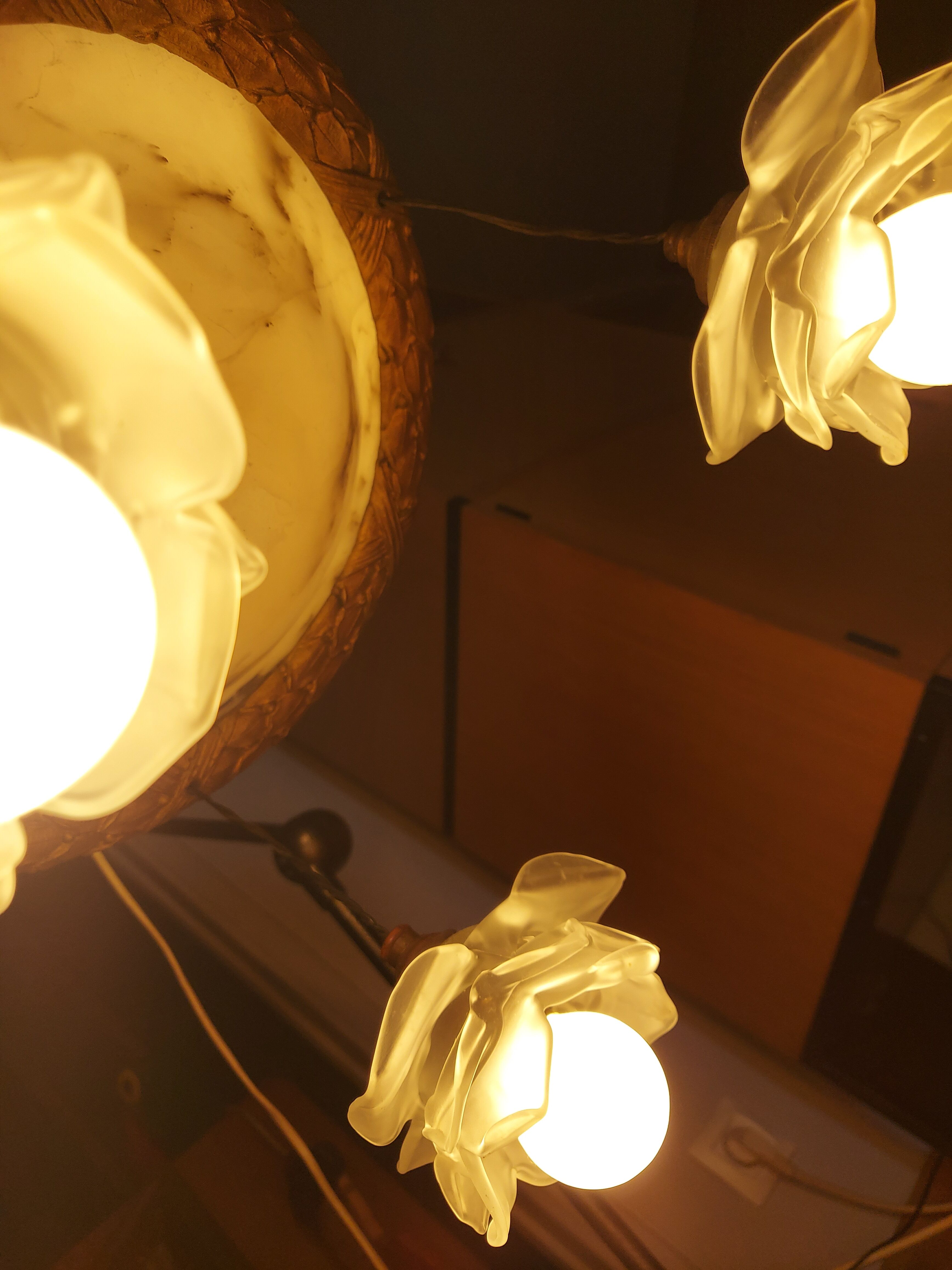 art nouveau chandelier, alabaster shells, molded glass and bronze