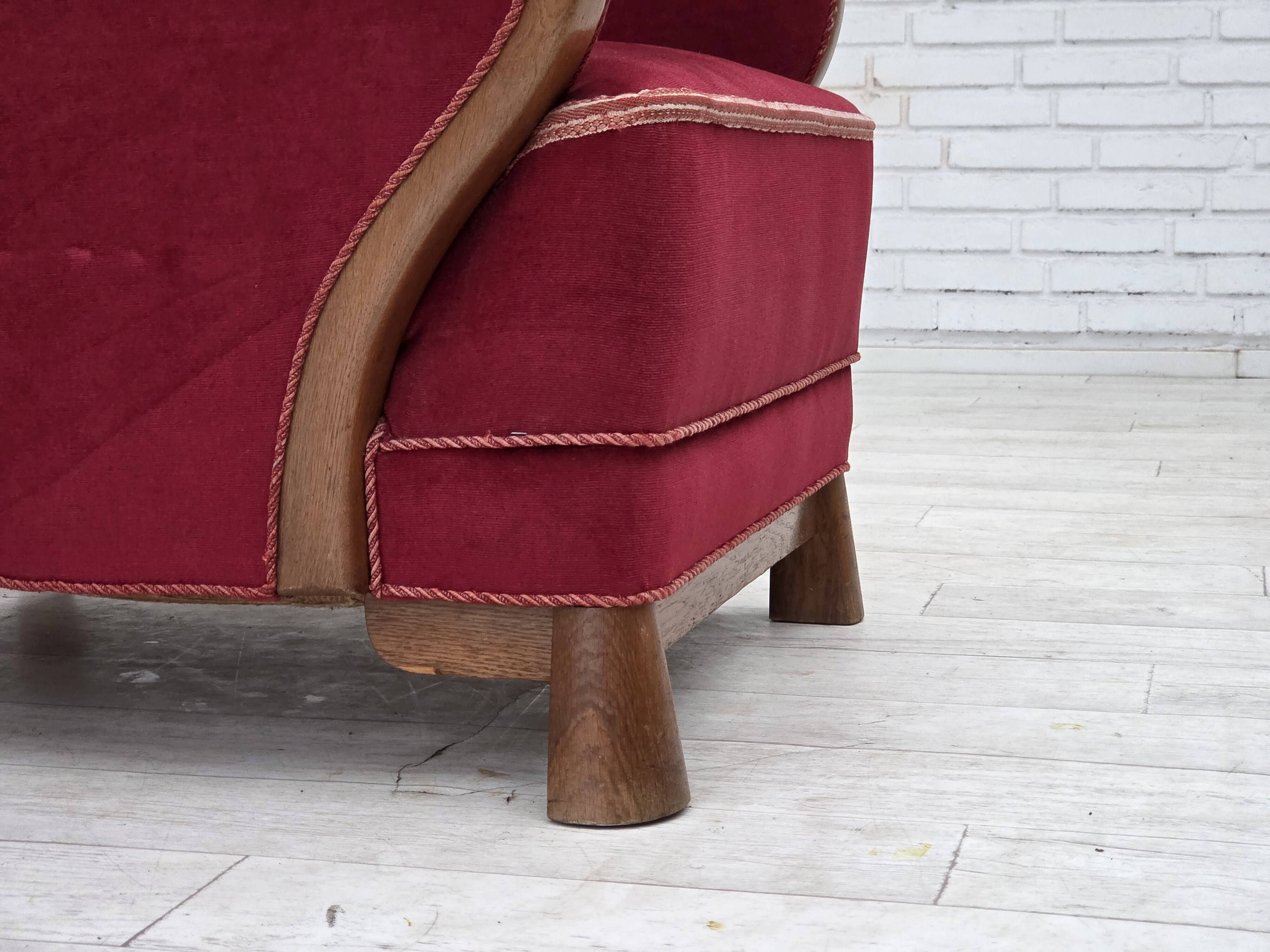1960s, Danish armchair, red furniture velour, oak wood.