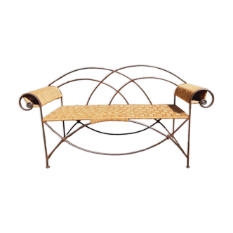 Vintage bench in wrought iron and braided rope