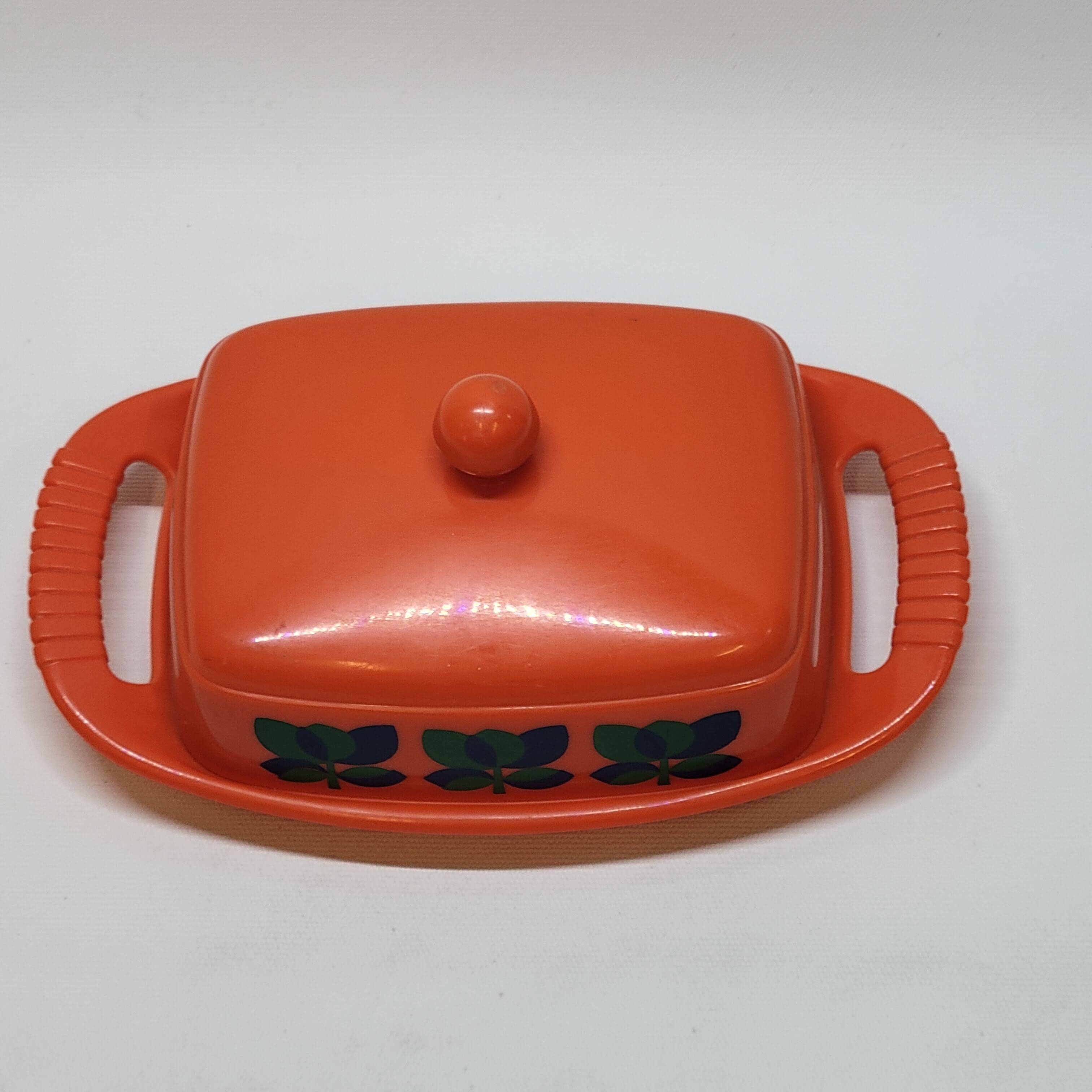 Emsa butter dish in orange plastic and vintage flowers 1970s