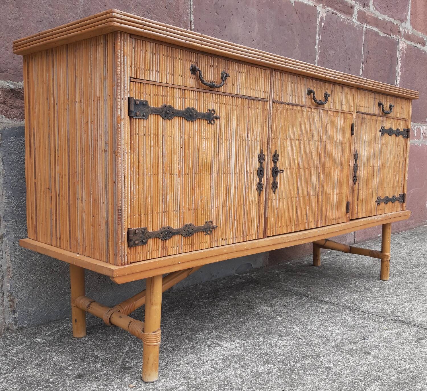 Console table in rattan and bamboo, (Attributed to Audoux-Minet)