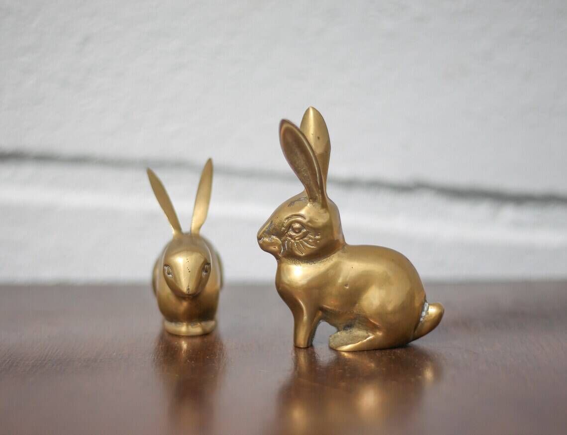 Pair of brass rabbit, rabbit statue, brass animal, rabbit figurine, collection, rabbit, brass rabbit