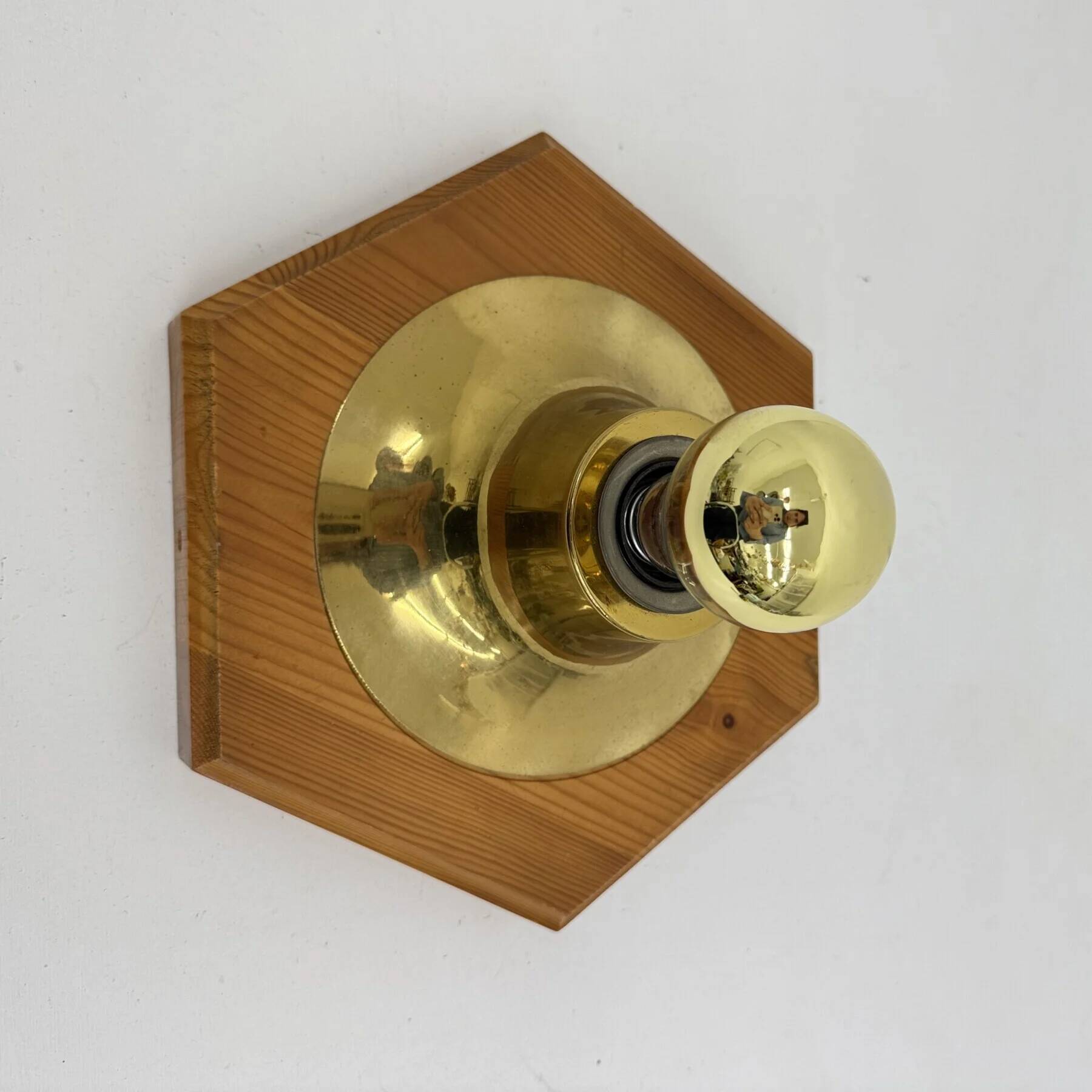 Vintage hexagonal wall lamp with pine wood and brass, 1970s