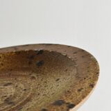 3 rustic stoneware plates, brown and beige speckled finish.