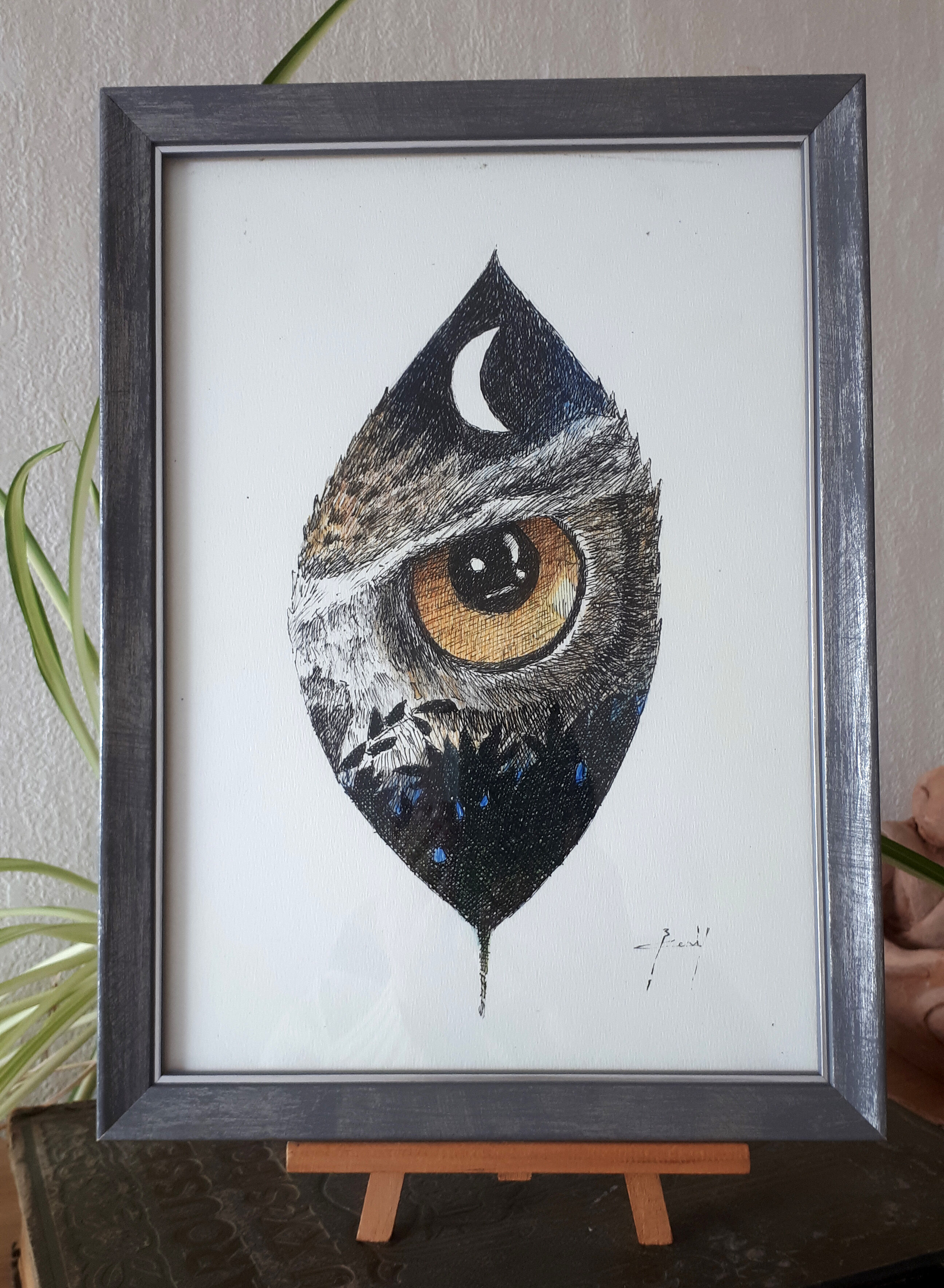 "Night bird" ink of china pencil color