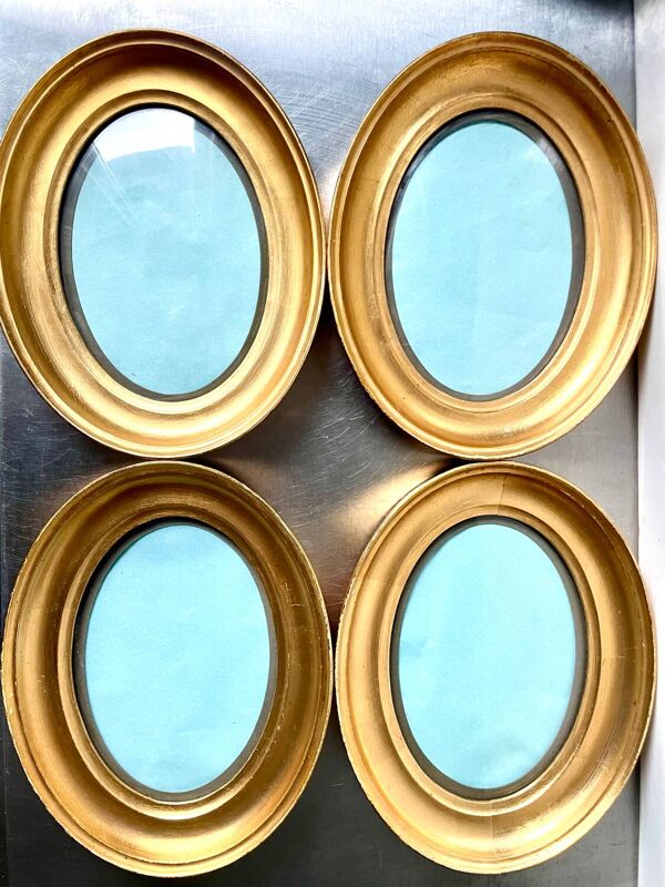 Lot de 4 cadres ovales dorés antiques en verre CONVEXE, chaque cadre 19,5 cm x 15,5 cm