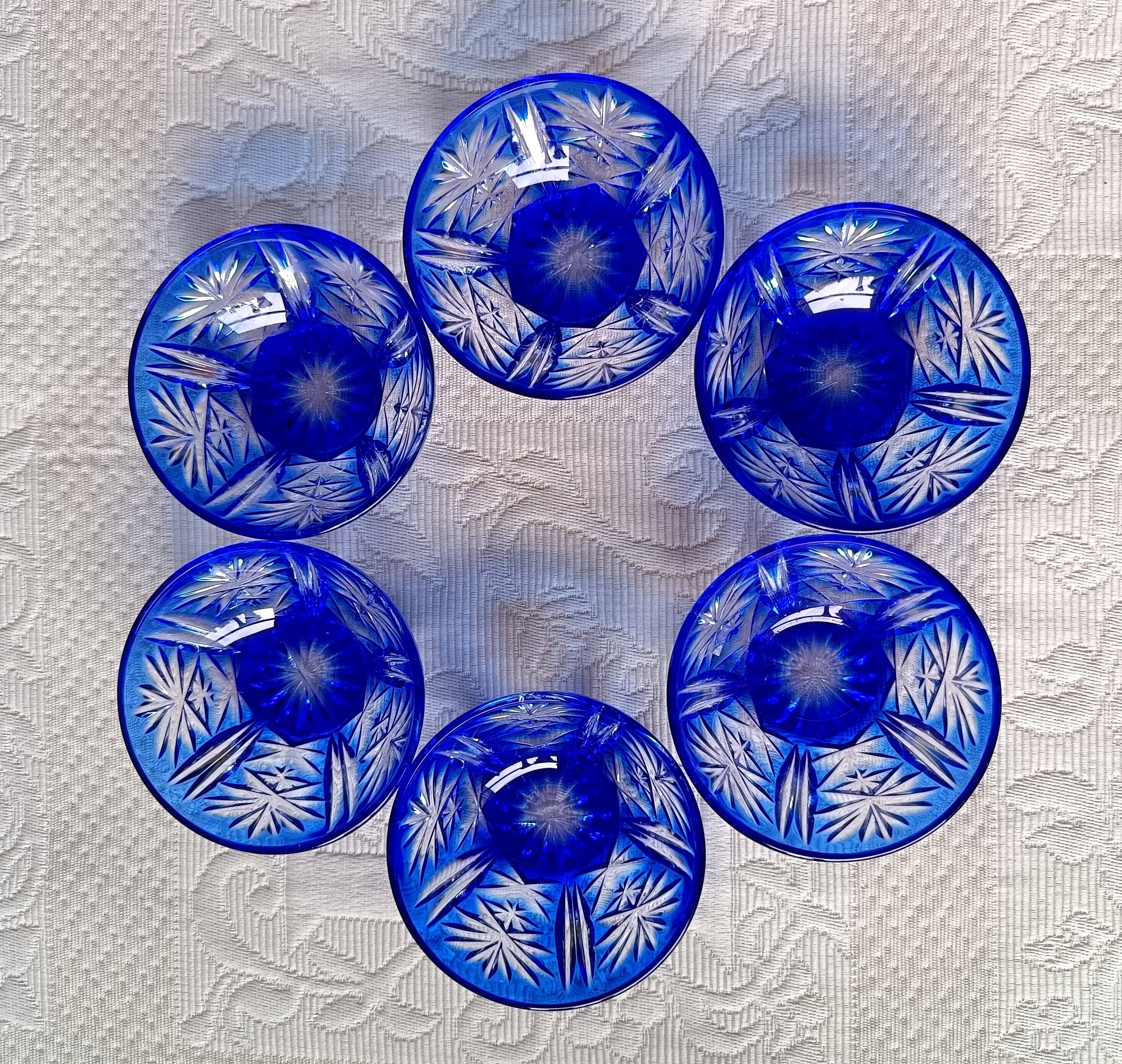 6 small cut glass bowls, vintage cobalt blue salt shaker