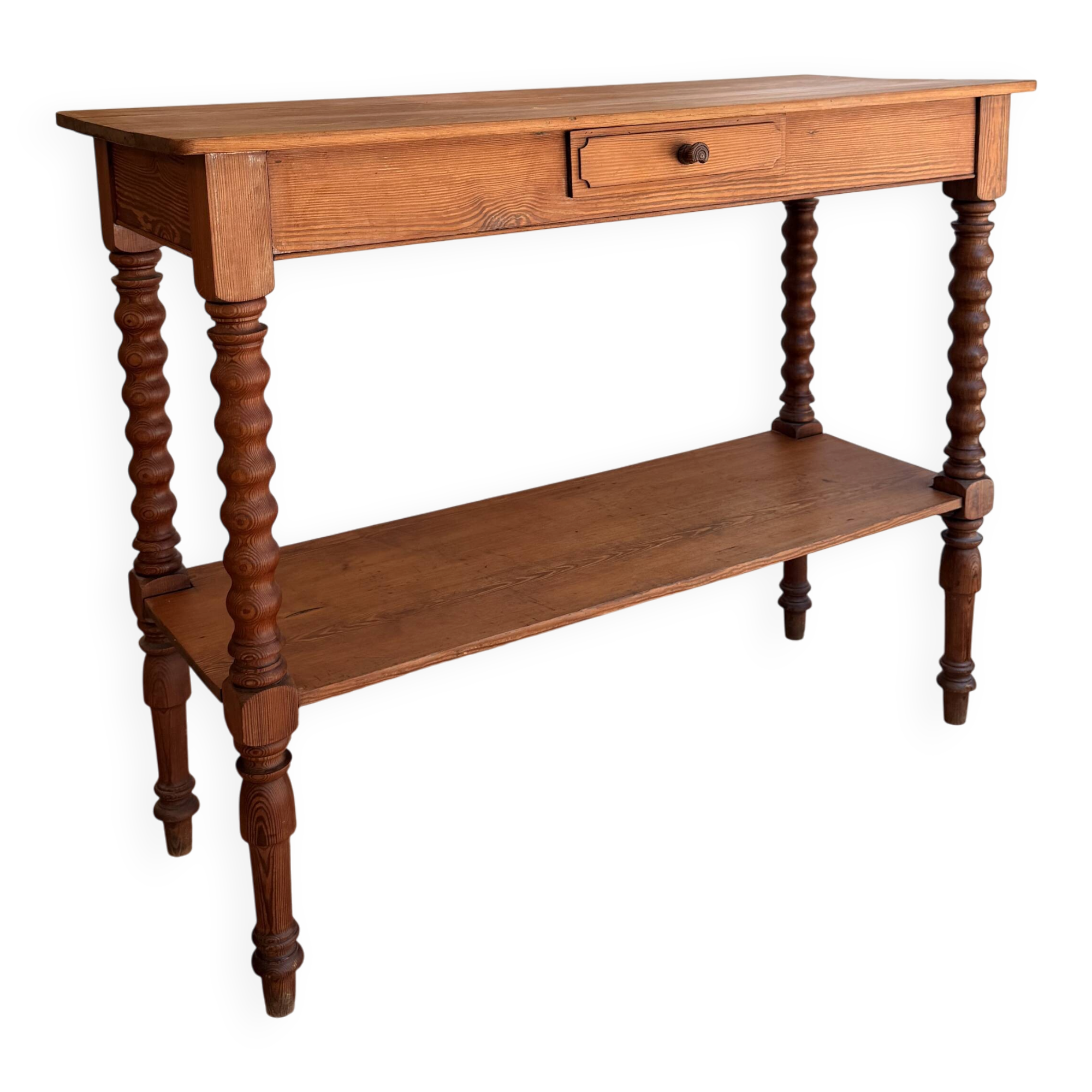 Large console or shop sideboard in pitch pine, early 20th century.