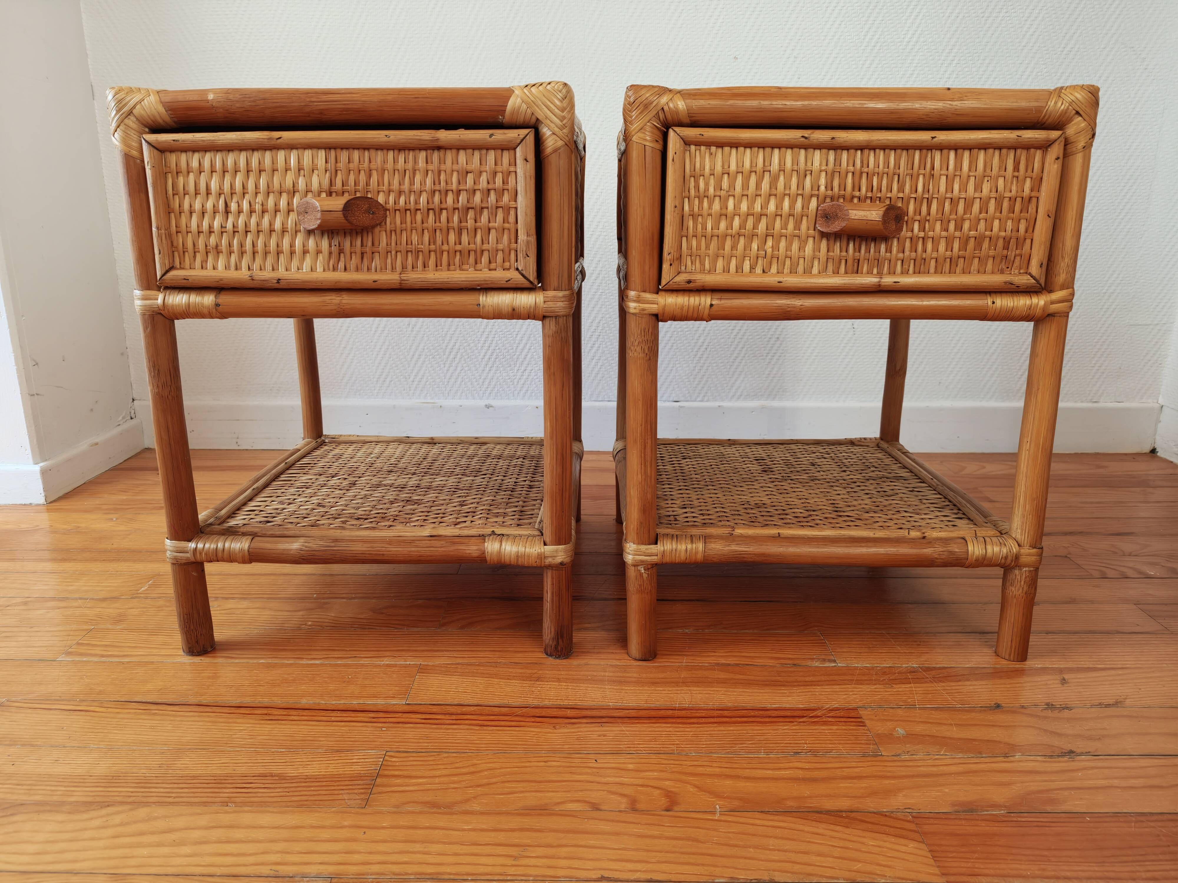 Pair of bedside tables in rattan and wicker - circa 1970