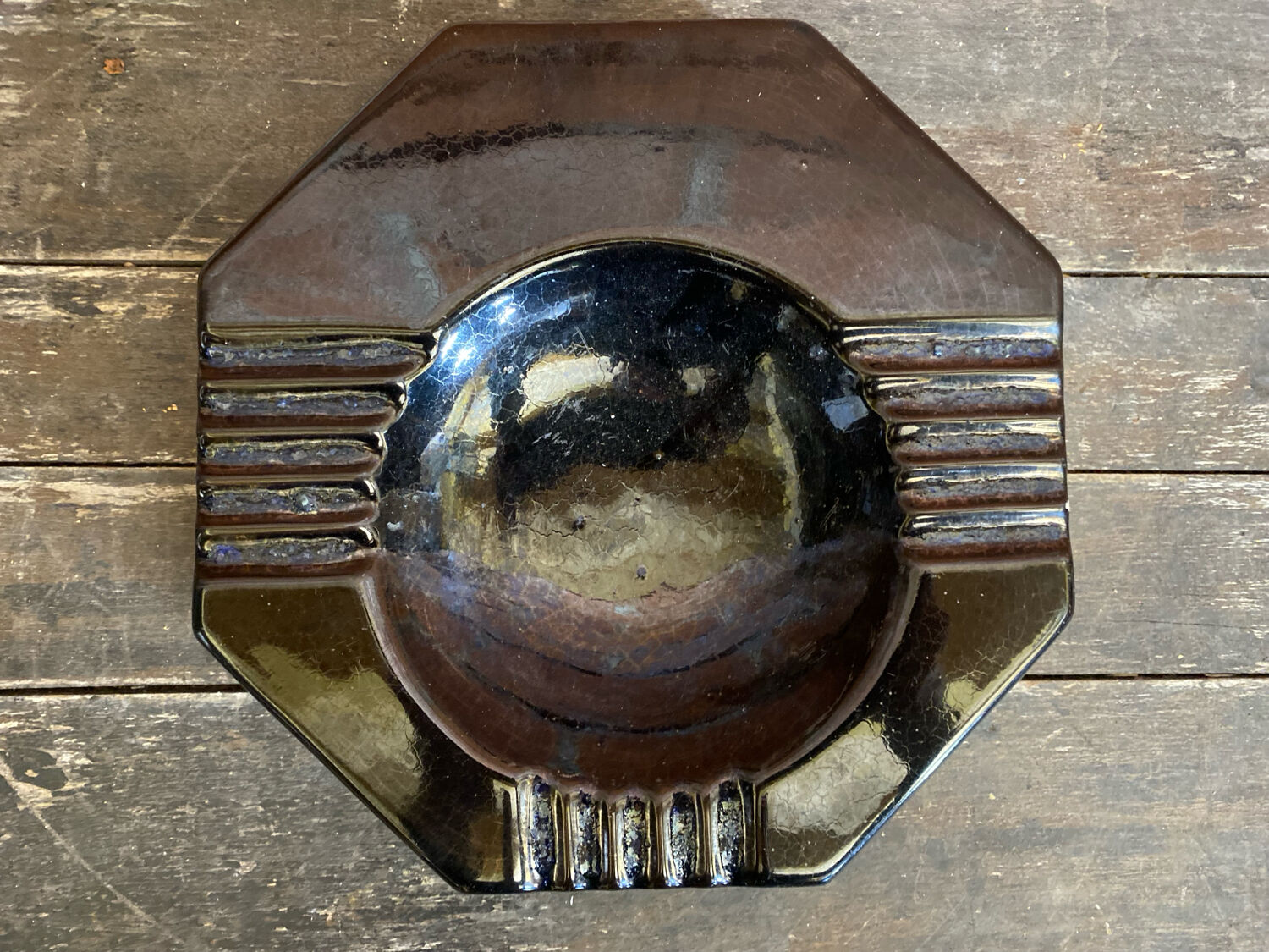 Vintage Black Cracked Ceramic Octagonal Ashtray S. BESSY