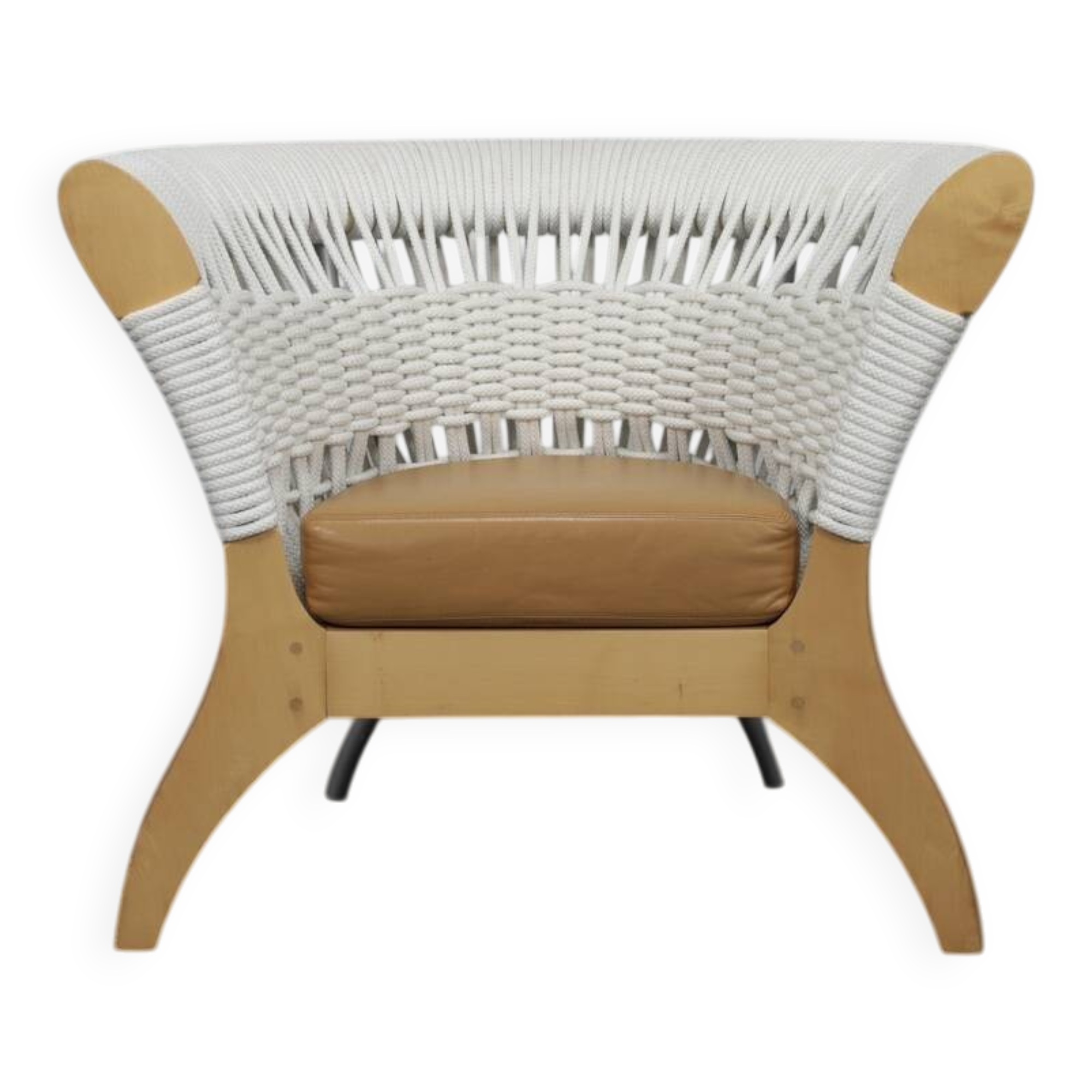 Handcrafted Italian lounge chair by Driade in wood, rope & leather, Italy, 1990s