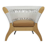 Handcrafted Italian lounge chair by Driade in wood, rope & leather, Italy, 1990s