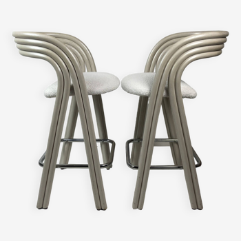 Set of two barstools by Axel Enthoven in Cane and bouclé for Rohe Noordwolde, Dutch, 1980s