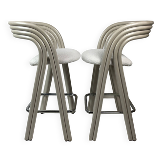 Set of two barstools by Axel Enthoven in Cane and bouclé for Rohe Noordwolde, Dutch, 1980s