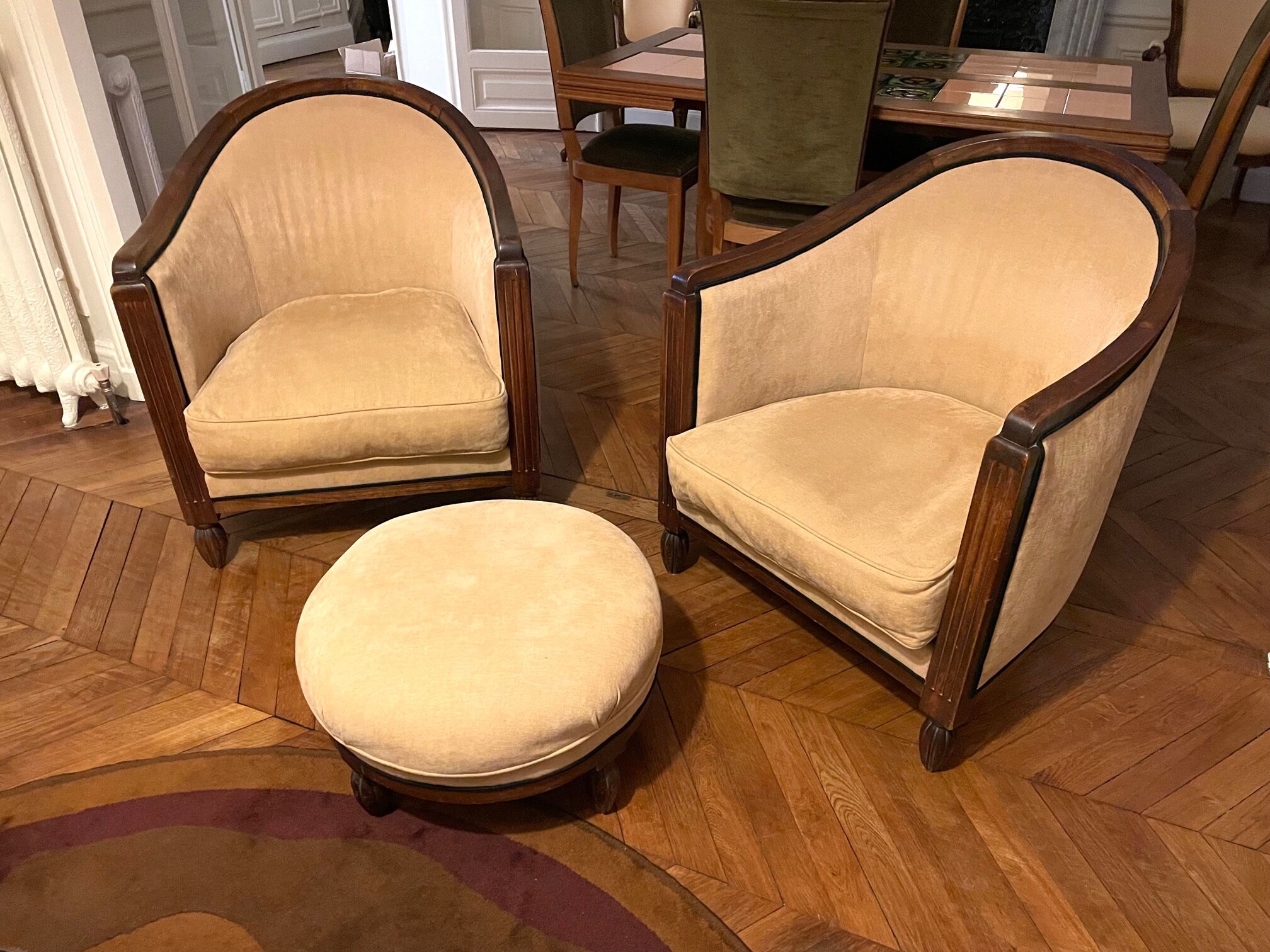 pair of ART DECO gondola chairs and a matching pouf reupholstered