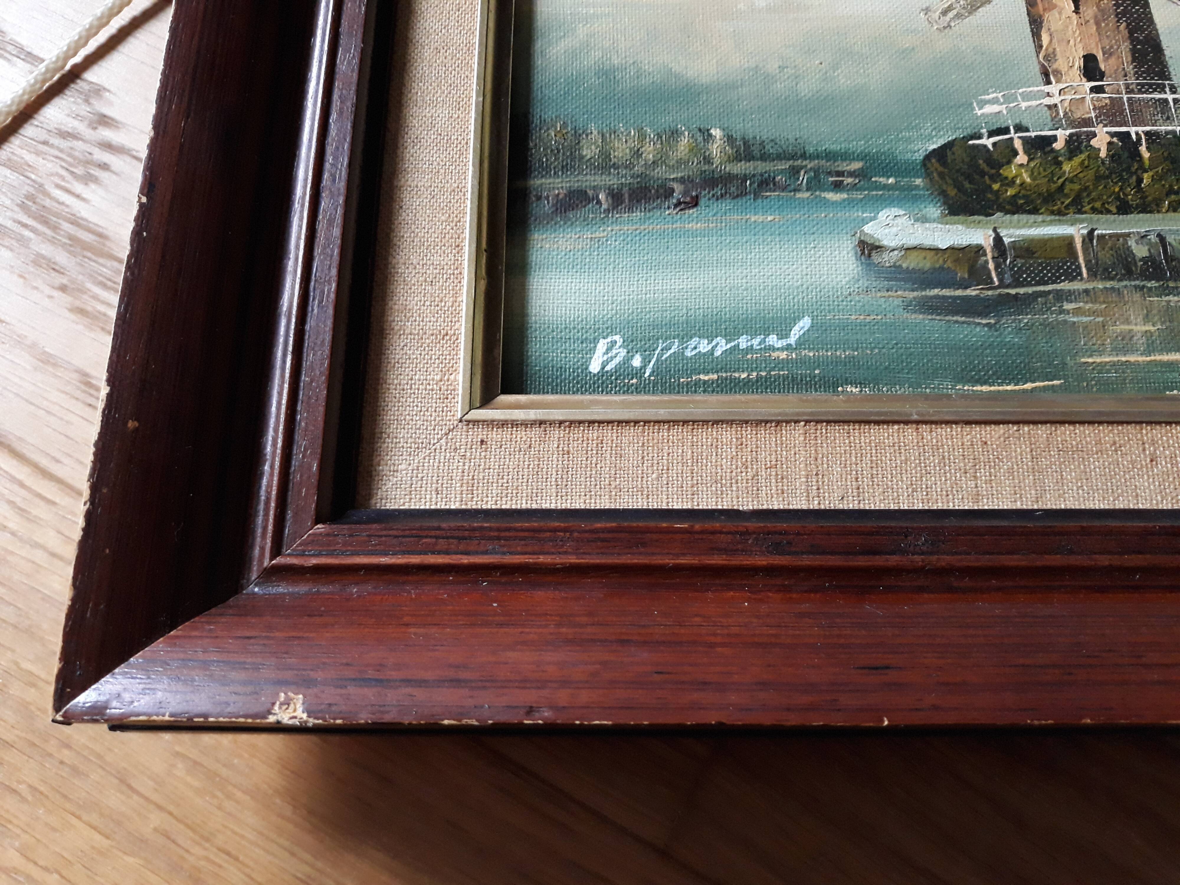 Landscape painting mill at the edge of the water, oil on canvas signed