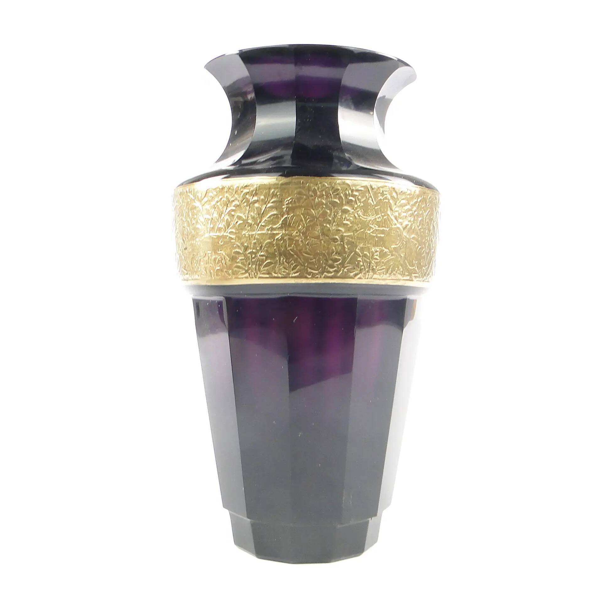 Art Deco vase, manganese glass, oroplastic, Czechoslovakia, 1930s