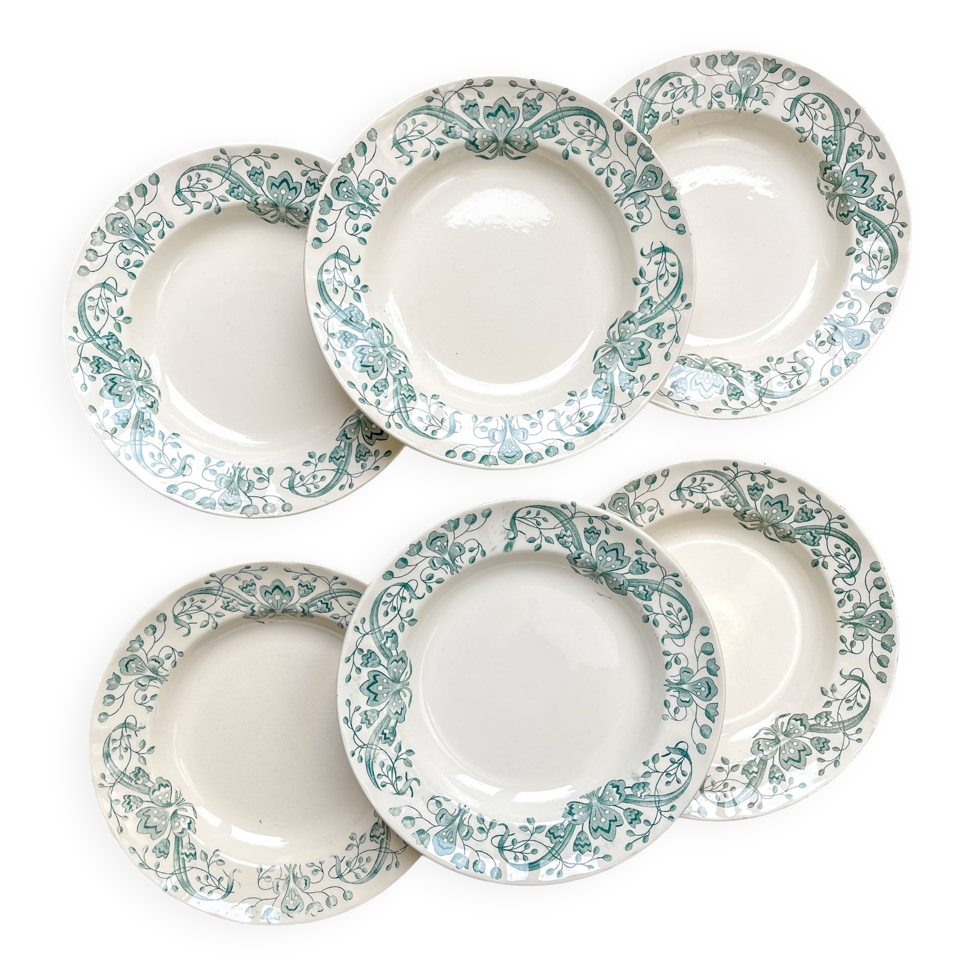 Set of 6 Antique Terre de Fer "Figuig" Soup Plates – Longchamp 19th Century