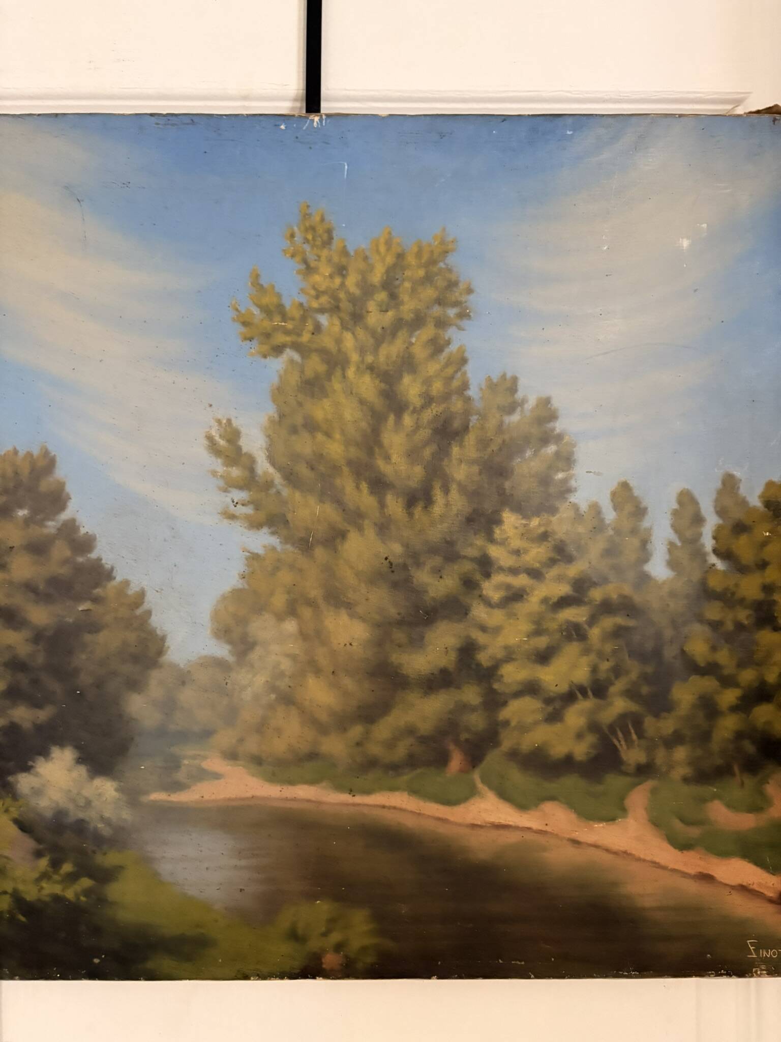 Tableau Peinture Huile Toile champêtre Lac Rivière Campagne Arbre Chemin 19