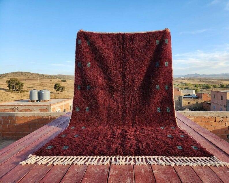 Moroccan Berber rug burgundy 300x200 cm – blue-green geometric patterns