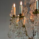 Bronze cage chandelier adorned with molded glass pendants in the shape of peacock feathers, circa 1800